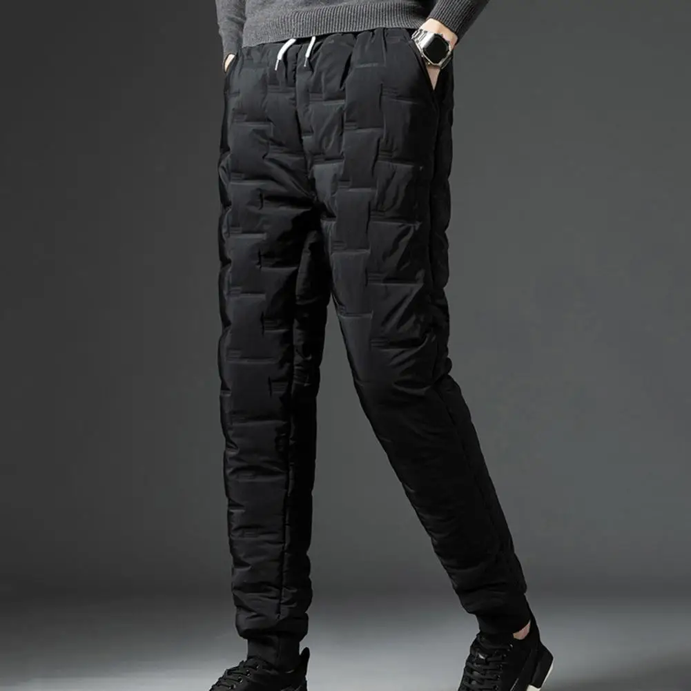 Trendy Men Sweatpants  Windproof Skin-friendly Winter Trousers  Elastic Waist Pockets Men Down Pants