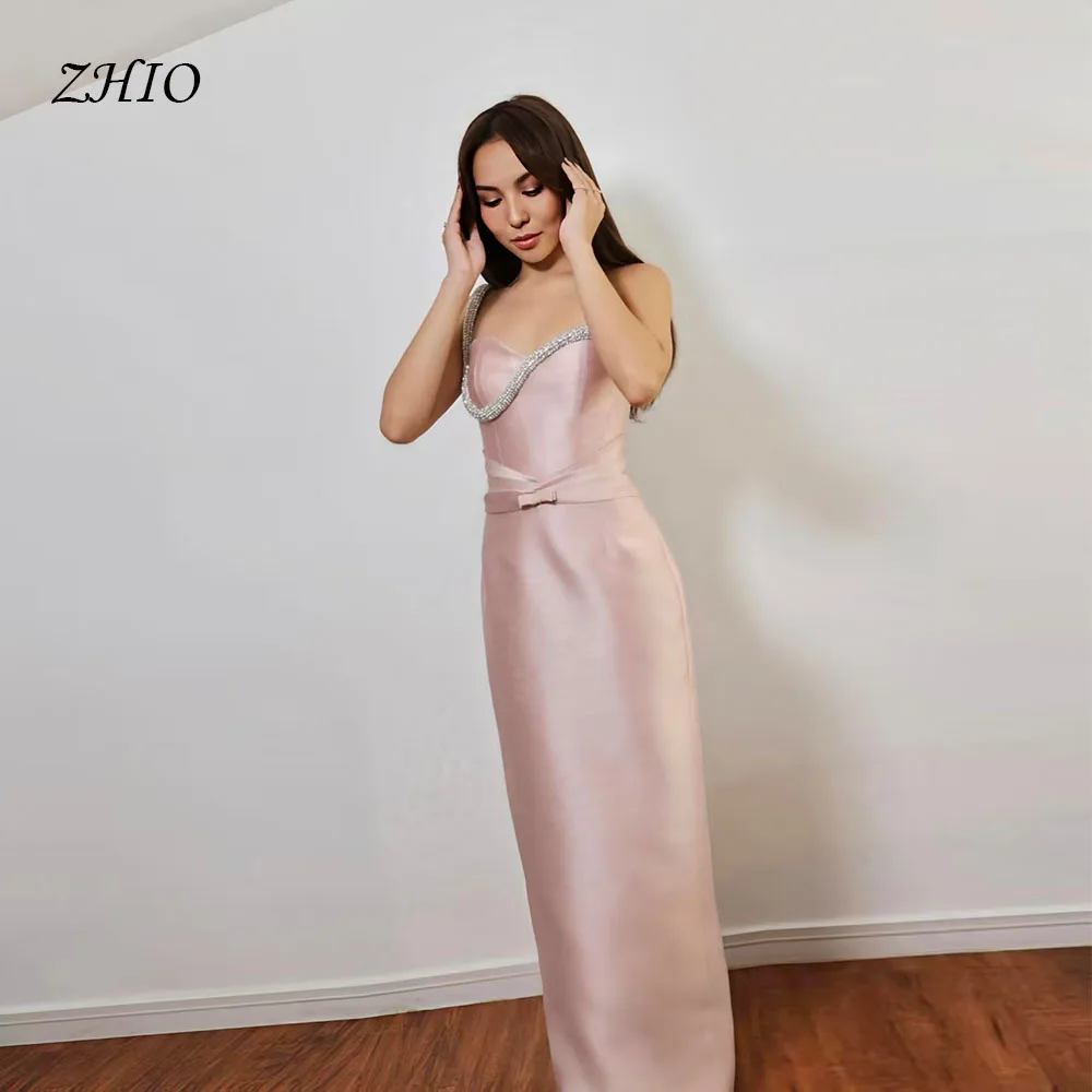 

ZHIO Elegant Beading Evening Dress One Shoulder Bow Straight Pink Satin Special Occasion Party Dresses Prom Gown Customized2025