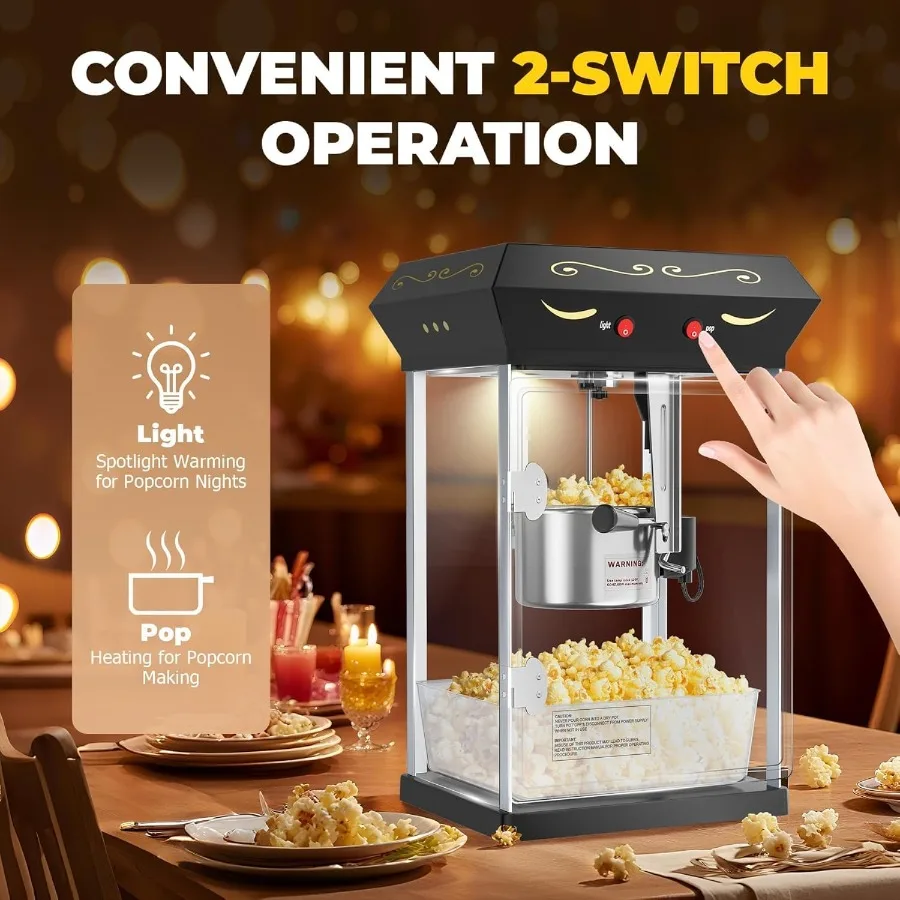 ماكينة صنع الفشار سعة 8 أونصة مع غلاية من الفولاذ المقاوم للصدأ تشكل ما يصل إلى 32 كوبًا على طراز مسرح السينما Pop Corn Ma