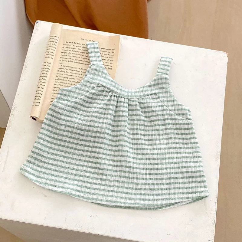 Summer new baby clothing, 0-3 year old girls, small fresh suspender plaid top+printed skirt pants 2-piece set