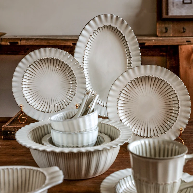 Антикварная рельефная керамическая чаша и тарелка в европейском стиле, набор бытовых тарелок с димсам, тарелка в западном стиле, тарелка для супа, миска, кухонная техника