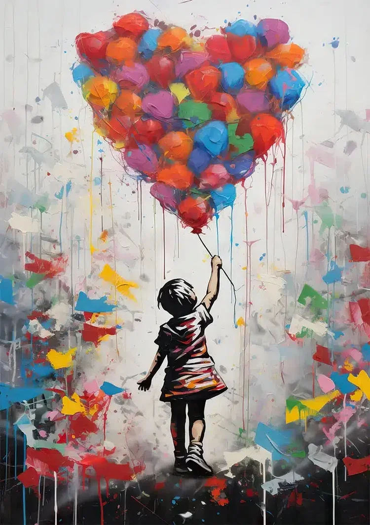 Banksy Style Wall Art Print, Girl with Balloons Decor Painting, Street Art Poster, Colorful Heart Artwork for Living Room