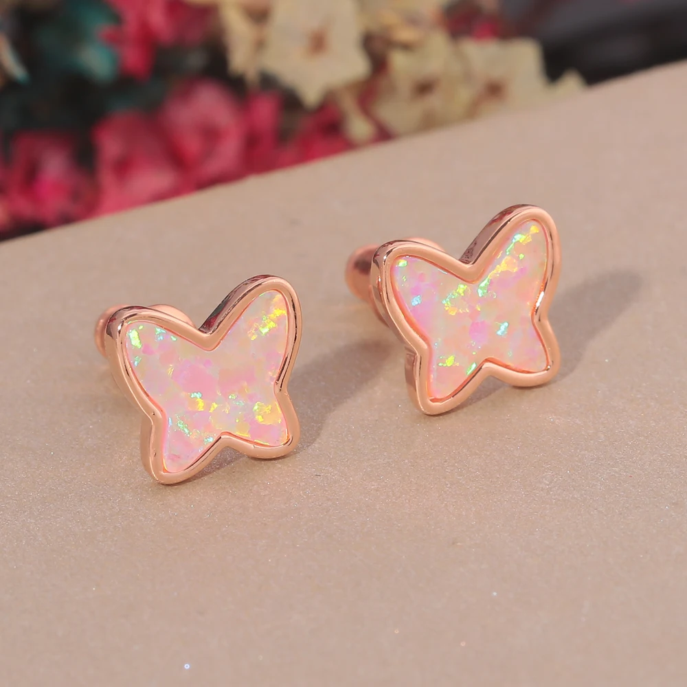 CiNily Pink/White Fire Opal Stud Earrings Silver Plated Fashion Jewelry for Butterfly Jewelry Anniversary Cute Gifts for Woman