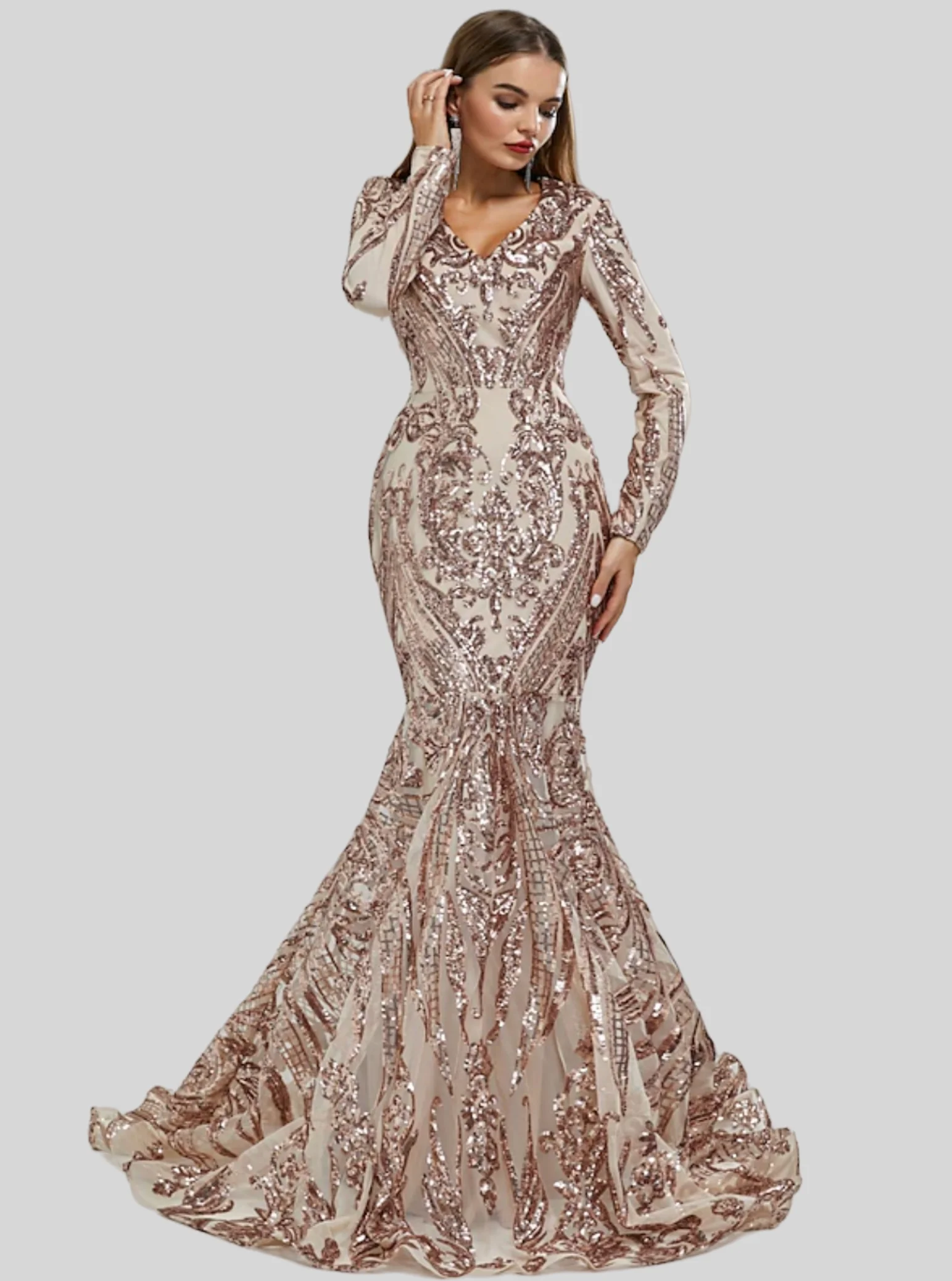 Mermaid / Trumpet Evening Gown Elegant Dress Carnival Formal Court Train Long Sleeve V Neck  Lace with Sequin 2024