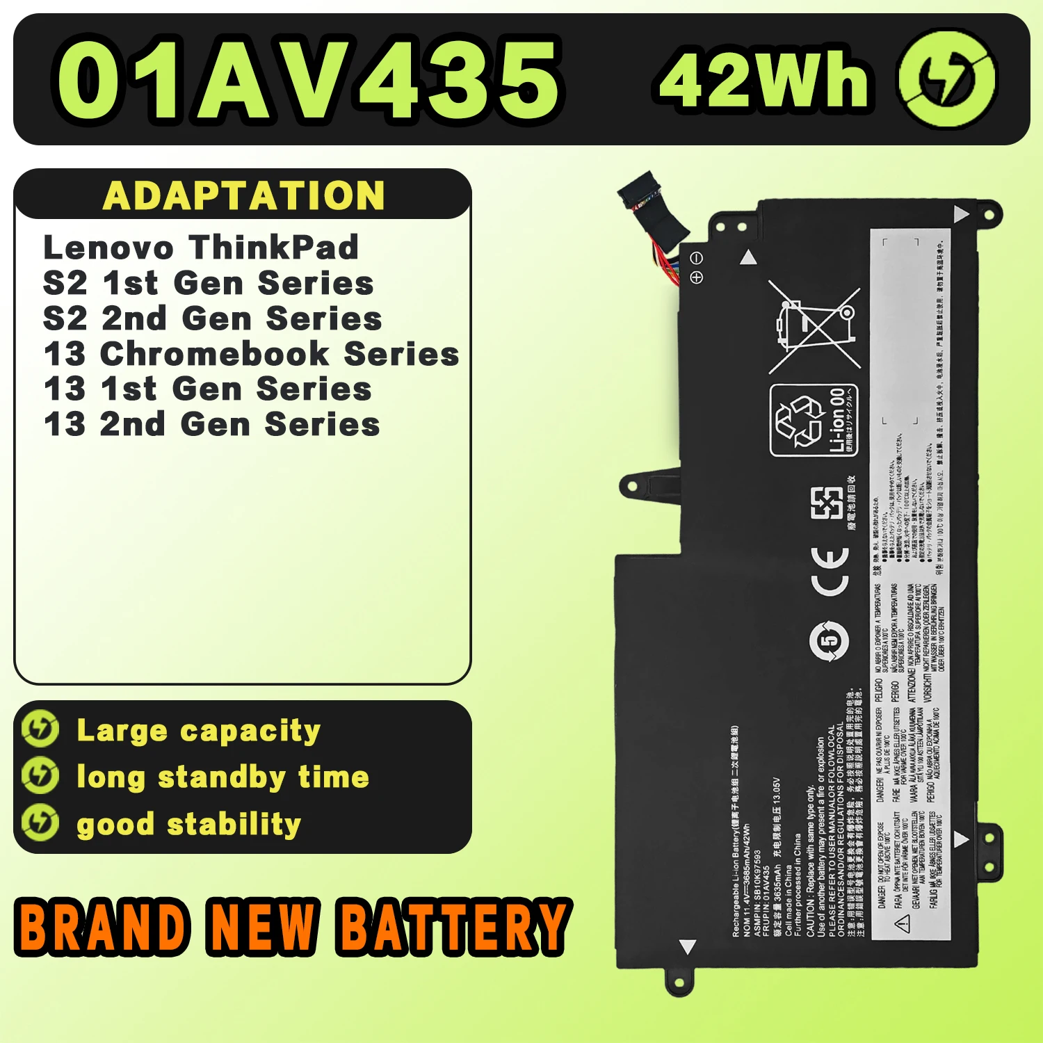 SAT 01AV435 New Laptop Batteries Replacement For LENOVO ThinkPad 13 2nd Gen 01AV400 01AV437 SB10J78999 11.4V-42Wh-3685mAh