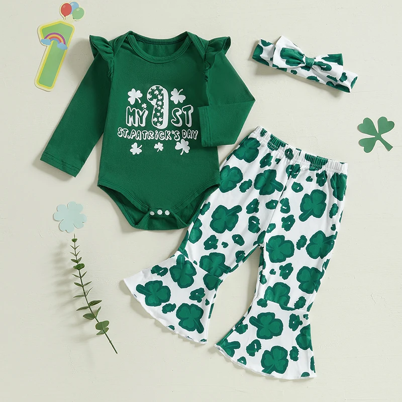 St Patrick s Day Baby Girls Outfit Shamrock Print Romper with Flared Pants and Headband Set 3 Piece Clothing Set for Irish