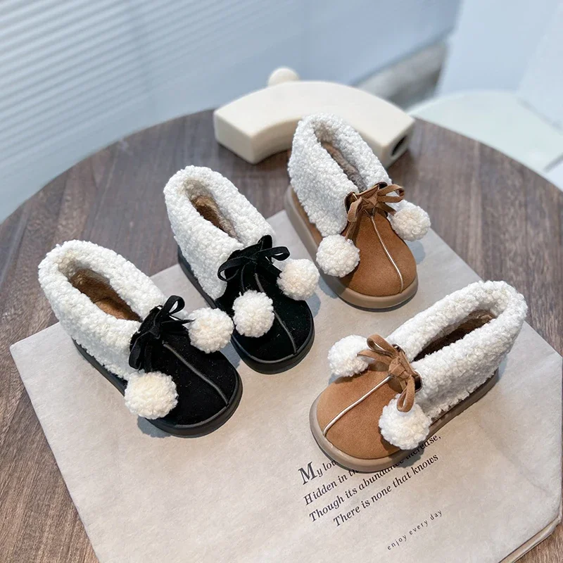 Girls Thick Warm Plush Fur Boots Turned-over Edge Fashion Kids Tassel Ball Cotton Shoes Winter Children Casual Shoes 2023 New