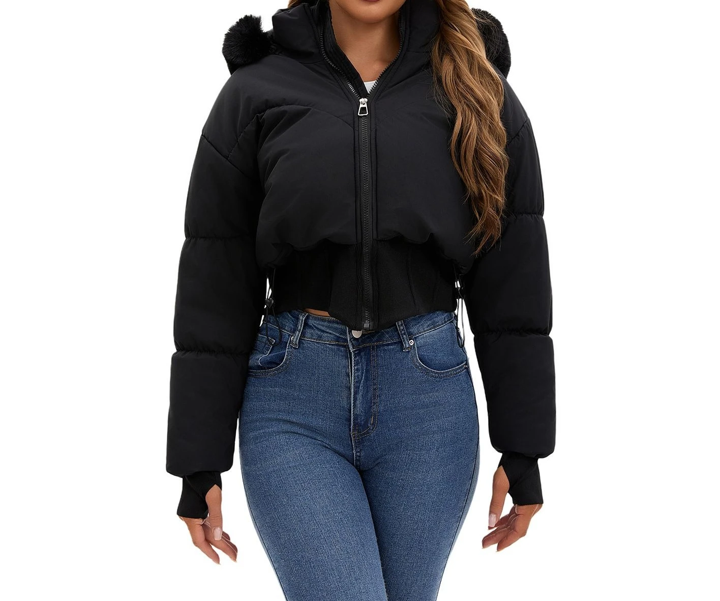 

2025 Autumn/Winter New Style Long Fur Collar, Waist-Slimming, Hooded Short Sleeve Cotton Coat