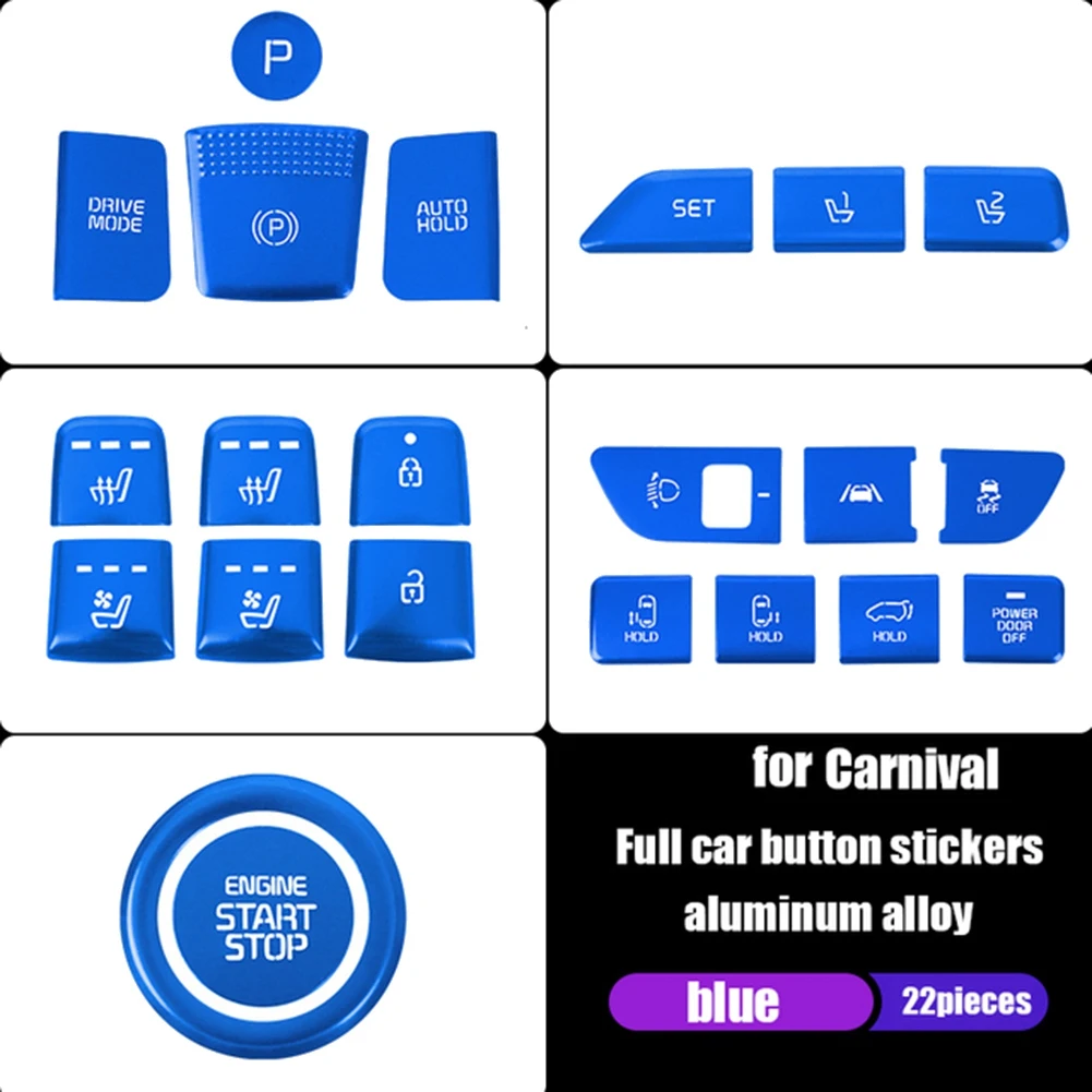 22Pcs Car Central Control Start Gear Seat Button Sticker Cover Trim for KIA Carnival 4 KA4 2020 2021 2022 Blue