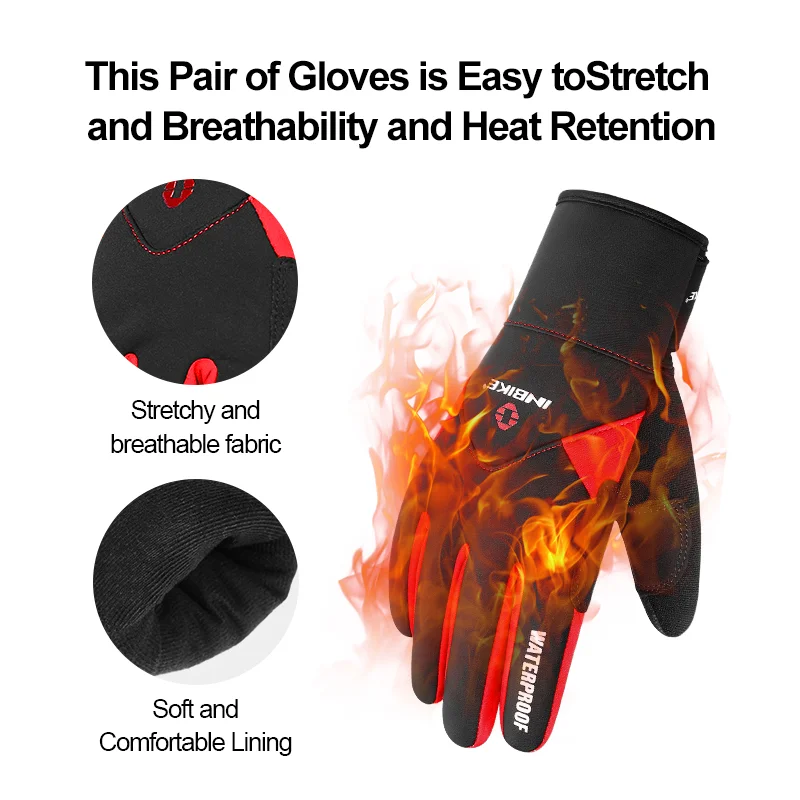 INBIKE Touch Screen Cycling Gloves Winter Thermal Warm Windproof Full Finger Waterproof Bicycle Road Bike Gloves For Men Women