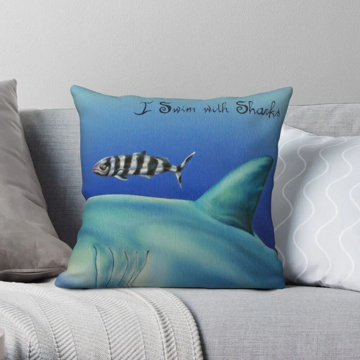 Pilot Fish I Swim With Sharks Pillowcase Polyester Linen Velvet Creative Zip Decor Home Cushion Case