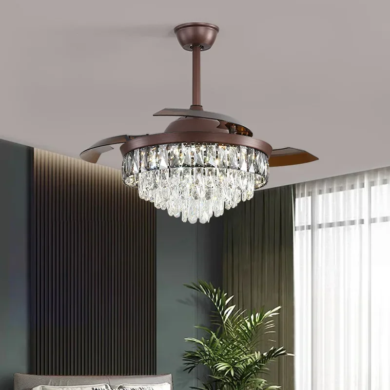 42 Inch Crystal Ceiling Fans Light LED Chandeliers Invisible Blades Living Room Bedroom Remote Control Pendant Lights Fan Lamps