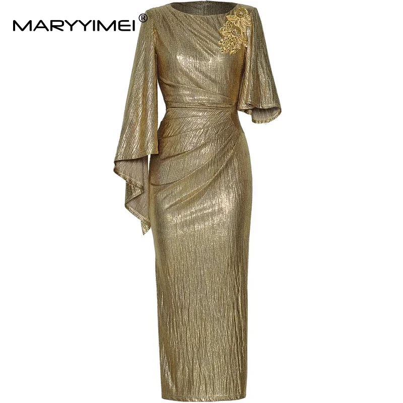 MARYYIMEI 패션 런웨이 여름 나비 슬리브 맥시 드레스 여성용 크리스탈 슬림핏 힙 랩 클럽 파티 의류