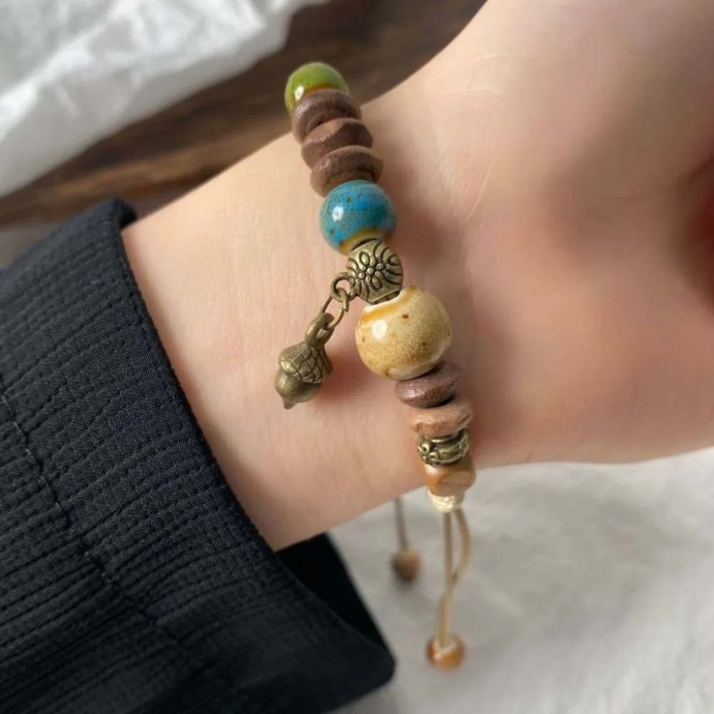 Fashion Ceramic Bead Bracelet Women Vintage Tribal Style Woven Bracelet Adjustable Girls Bracelet Charm Jewelry Accessory Gift