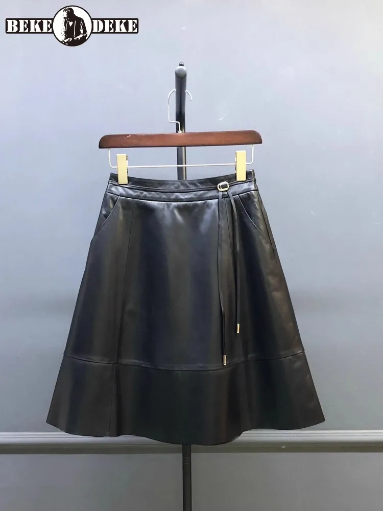

Office Ladies Genuine Leather Skirt Elastic High Waist A Line Skirts Women Casual Sheepskin Medium Long Black Skirt Size S-4XL