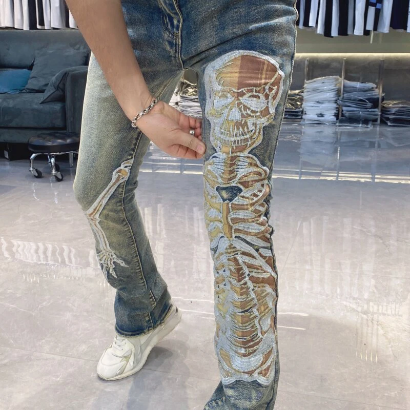 2026 Fashion Trendy Versatile Long Pants Jeans Masculina Mens Jeans Brand Skeleton Man Patchwork Jeans Men Slim Fit Jeans Hombre