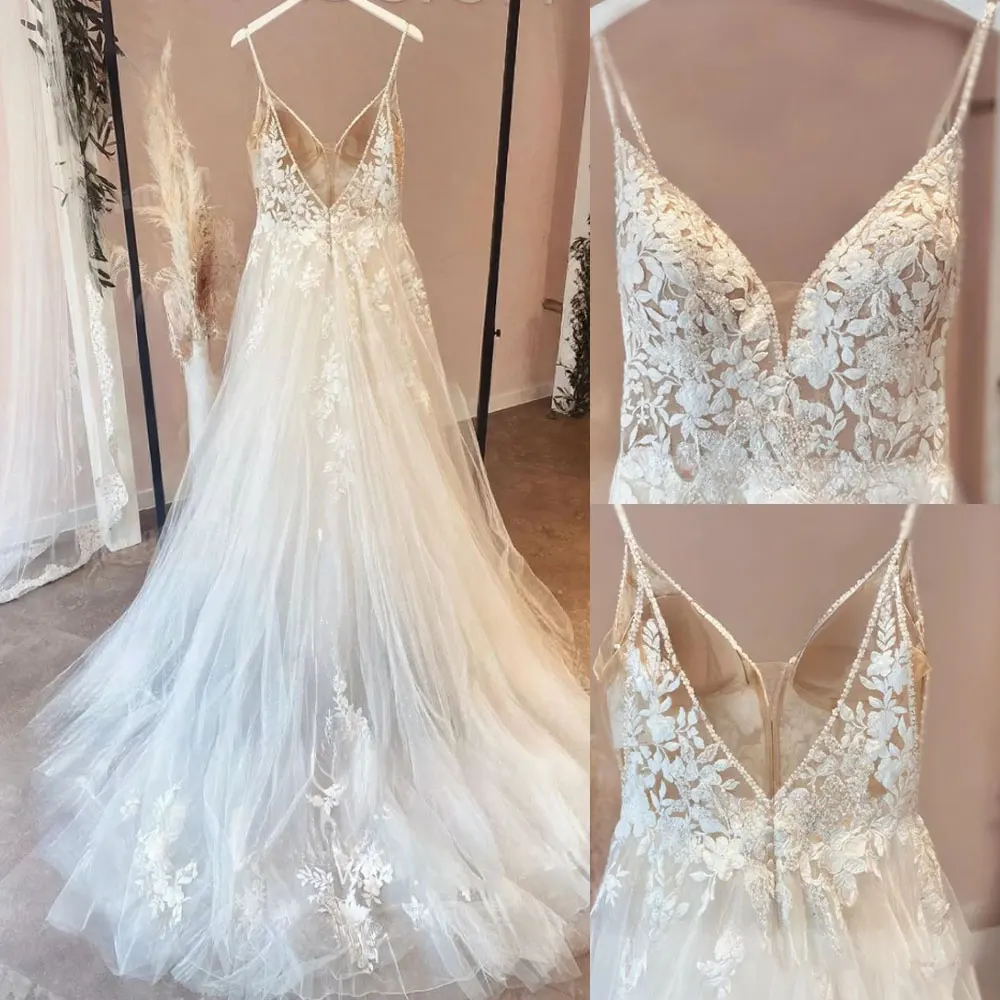 Witte Kant Illusoire Spaghettibandjes Trouwjurken A Lijn V Hals Borduren Prinses Tule Gewaden Voor Bruiden Strand Vestido Novia