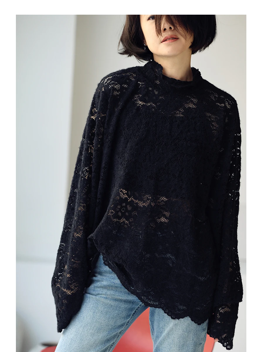 

Ele Casual Sweet Hollow out Lace f High Collar Base irt T-irt Women Loose Simple Milan Declaration Breathable Long...