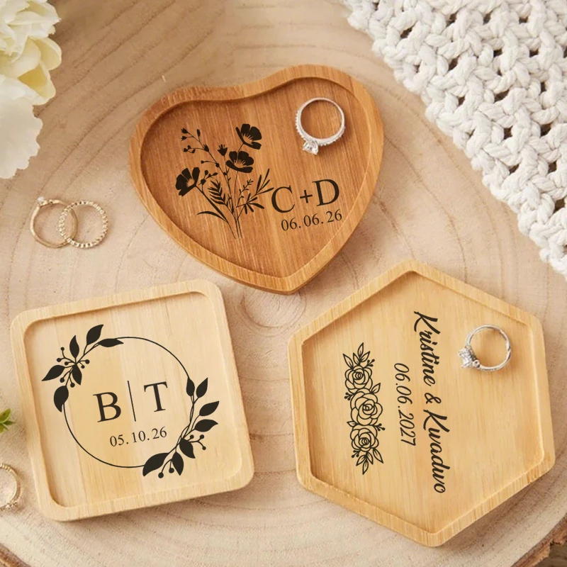 

Personalized Wedding Ring Holder, Square, Circle, Hexagon, Heart Wooden Jewelry Tray, Wedding Ring Tray