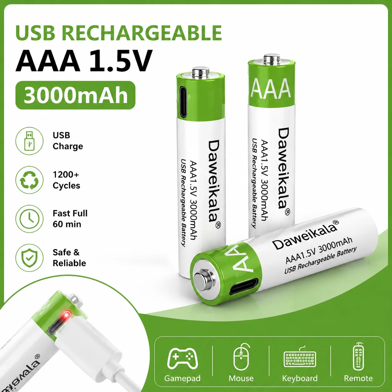 

USB AAA Rechargeable Batteries 1.5V 3000mAh li-ion battery for remote control mouseElectric toy battery + Type-C Cable