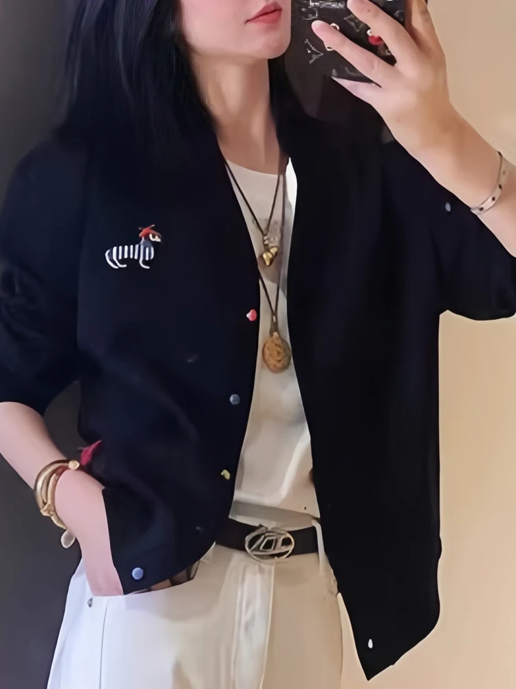 

Korean Sle Long Sve Embroidered Dog Baseball Jaet Women's Autumn New Sle Age Reduction Casual Open Cardigan Top