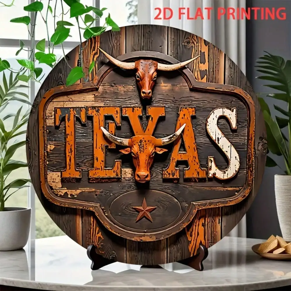 Wooden Vintage Round Texas Sign, Rustic Longhorn Bull 2D Flat Print Wall Art, Retro Western Country Decor, Farmhouse Aesthetic D