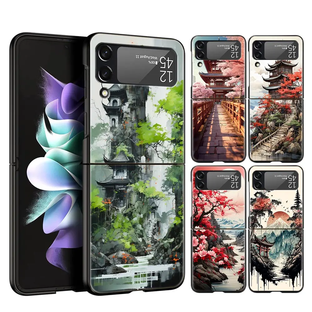 Phone Case For Samsung Galaxy Z Flip 3 4 5 Hard Black Folding PC For Samsung Z Flip3 Cover Ink and wash landscape painting