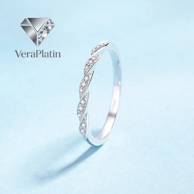 VeraPlatin	Daughter Ripple PT950 Platinum Starry Sky Women Rings 0.12ct Moissanite Diamond Tail Ring Girlfriend Birthday Gift Fi