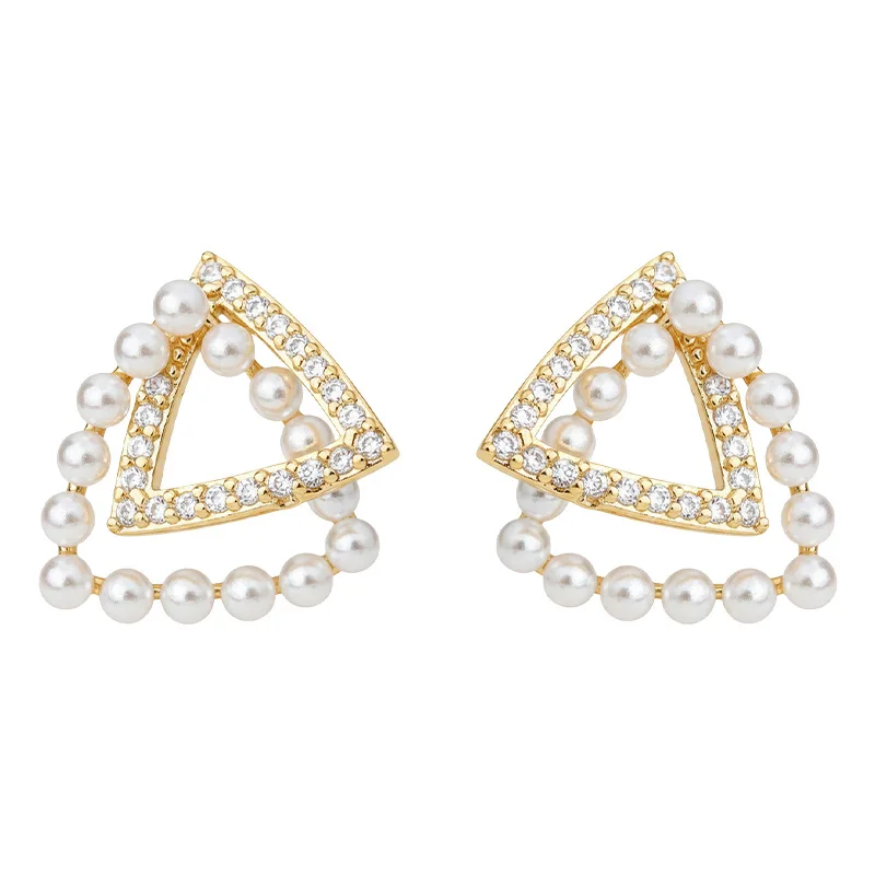 Double Layer Hollow Triangle Geometric Zircon Pearl Stud Earrings Minimalist Luxury Niche Advanced Ear Jewelry for Women