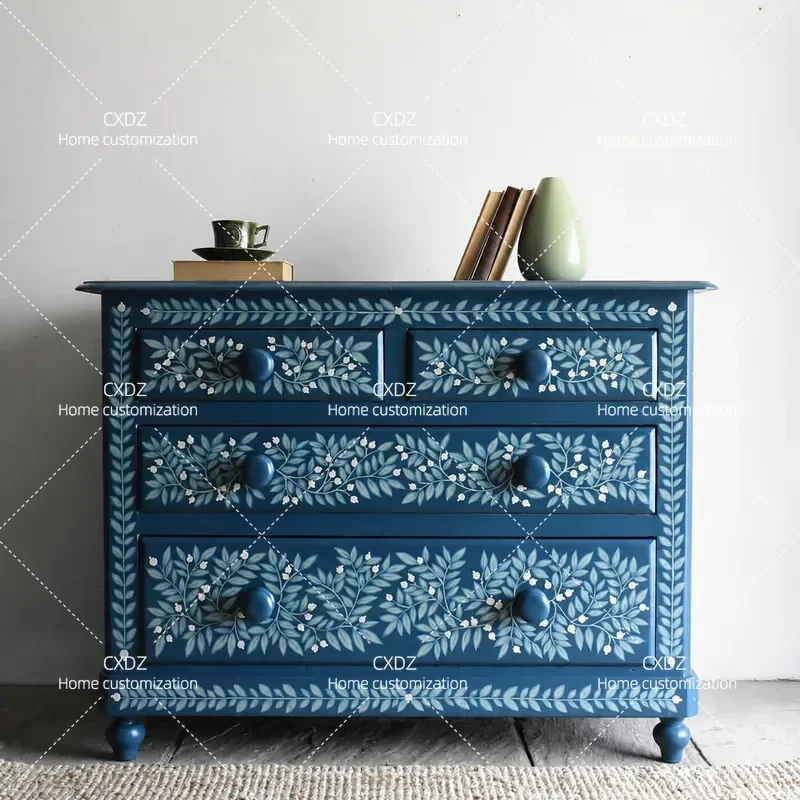 Solid Wood Hand Painted Blue Plant Flower Bucket Cabinet Modern Simple Living Room Storage Locker Furniture Customization