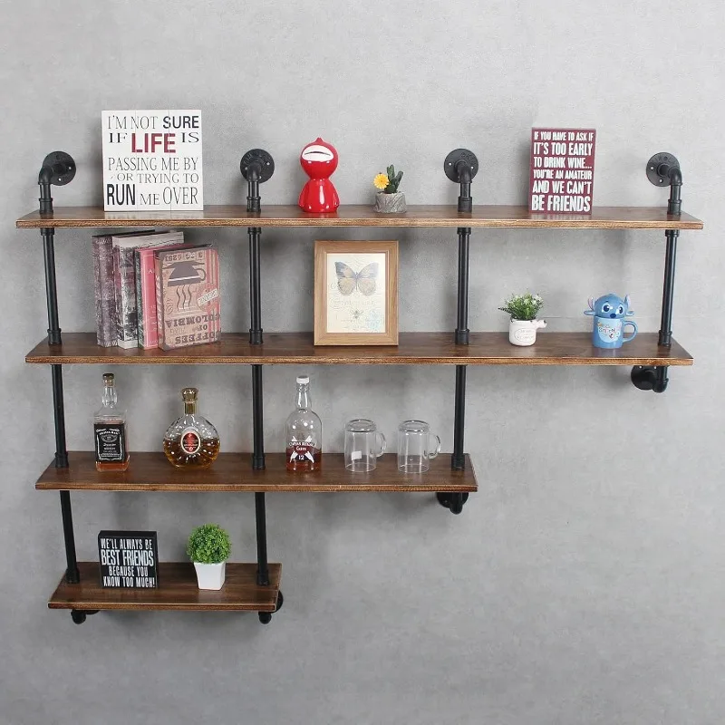 رفوف الأنابيب الصناعية ذات 4 طبقات مقاس 63 بوصة، أرفف عائمة ريفية، أرفف مثبتة على الحائط مع رف النبيذ، جدار مزخرف