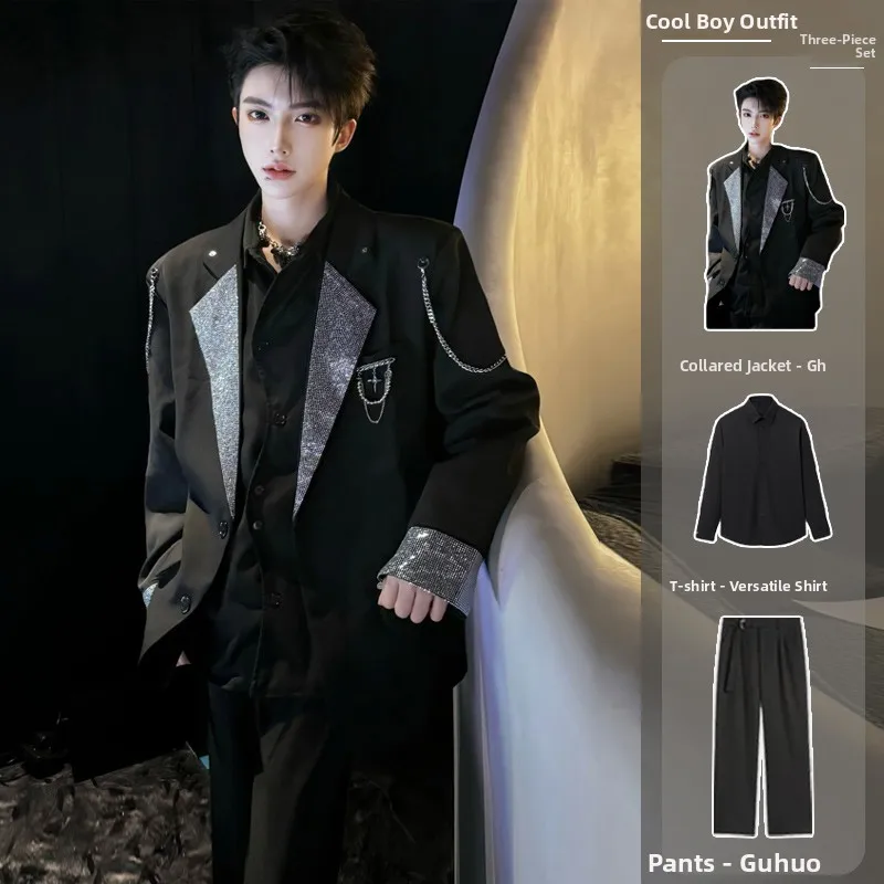 

Men's Casual Diamond-Encrusted Shoulder Pad Suit Set Stylish Hairdresser Trendy Brand Leisure Outerwear Polyester Fiber