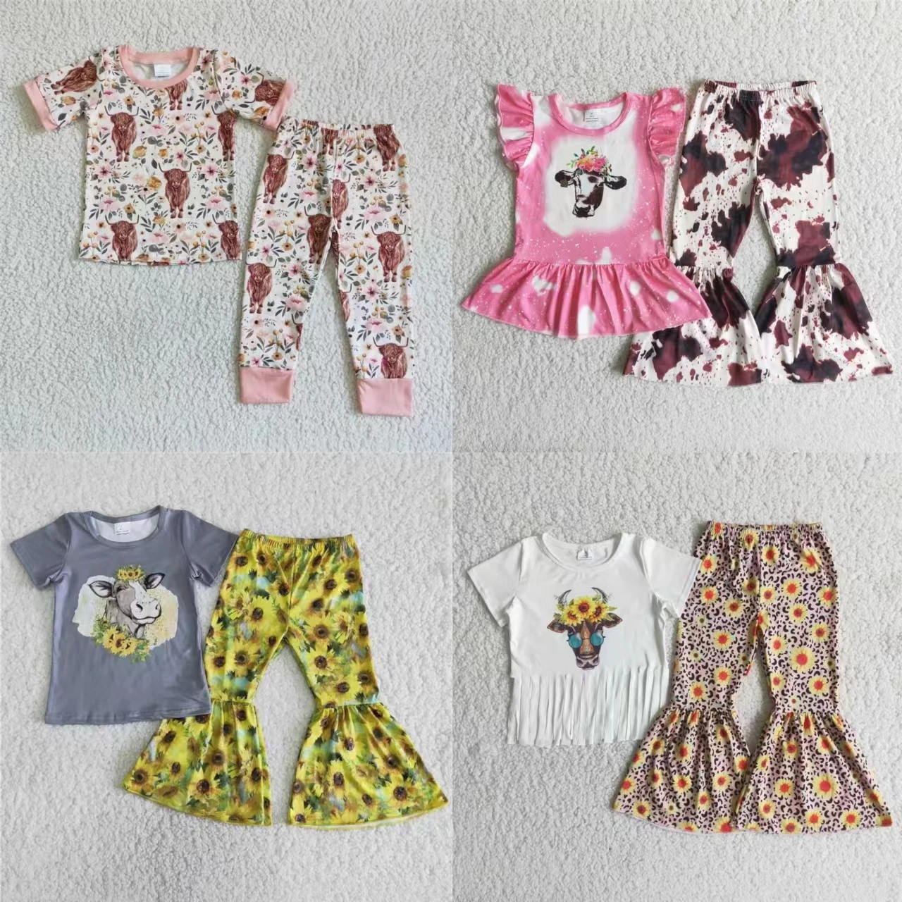 

Promotion Spring Children Cow Floral Clothing Baby Girl Short Sleeves Tops Western Set Sunflower Pants Infant Flower Outfit