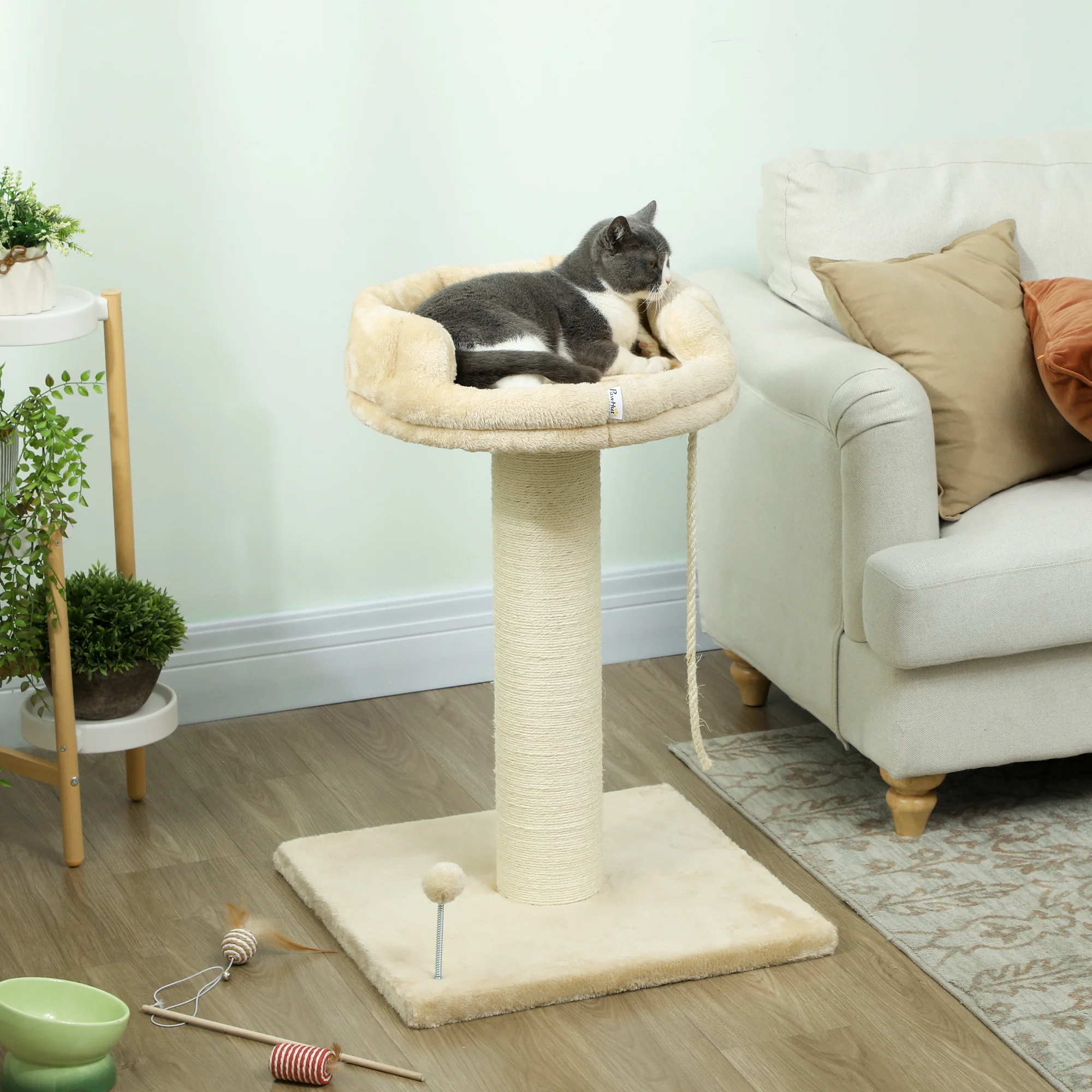 PawHut kattenboom met speelgoed, hangende bal en touw + gecapitonneerd platform - 55x55x83 cm - sisal beige
