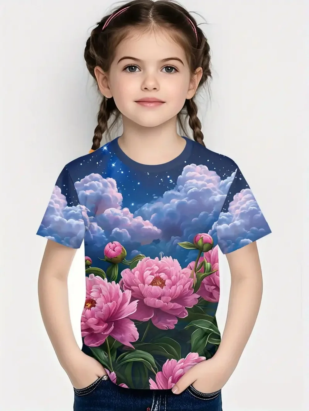 

T-Shirt for Children Beautiful Flower 3D Print Summer Fashion Round Neck Short Sleeved T-Shirt Casual Outdoors T-Shirt for Girls