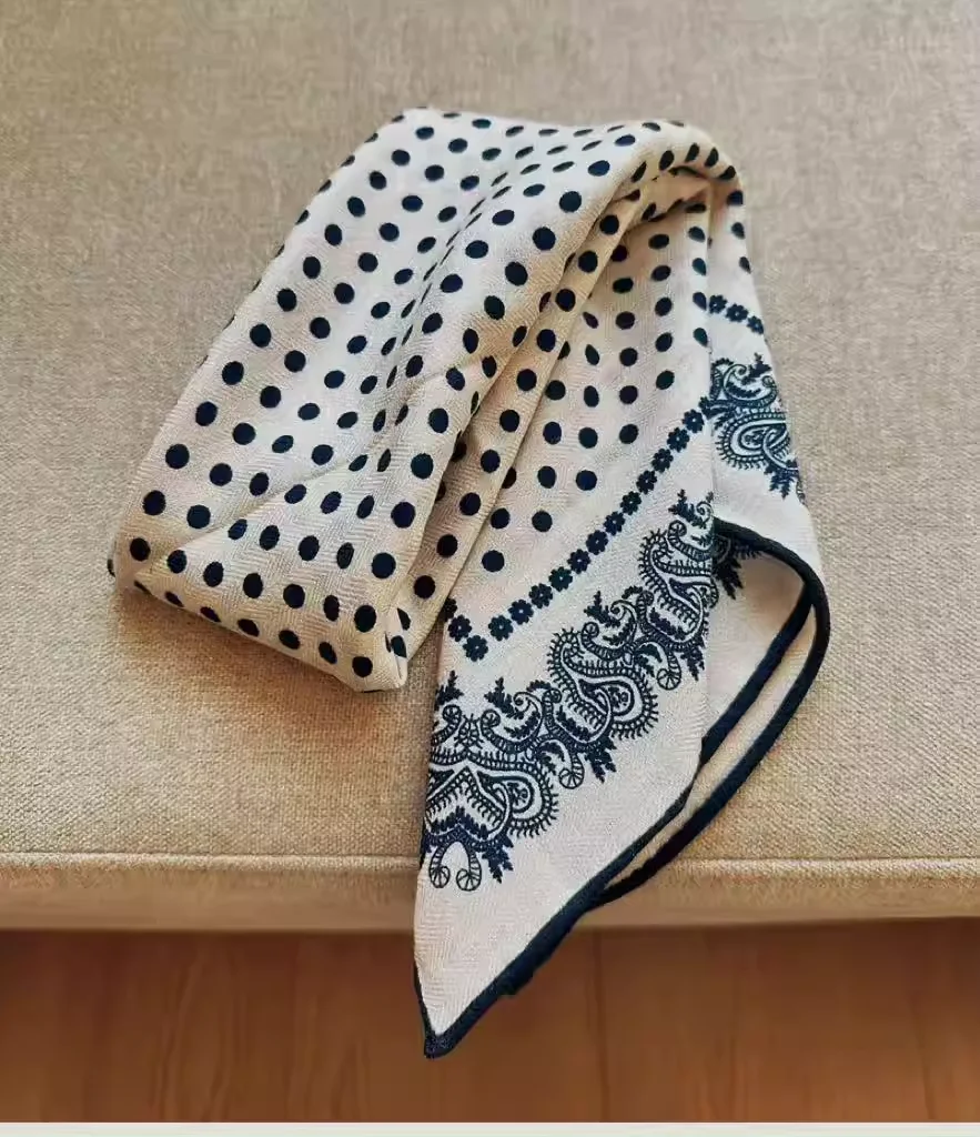 

100% Wool Winter Scarf for Women Elegant White Polka Dot Print Neck Scarves Ladies Vintage Paisley Patchwork Neck Warmer