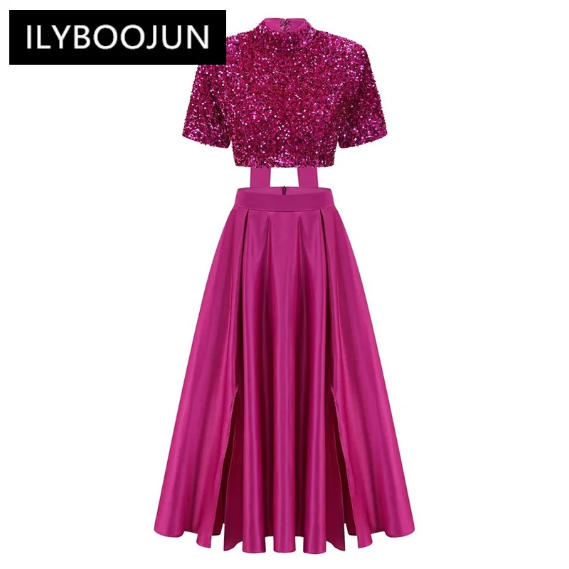 ILYBOOJUN Elegant Two Piece Sets For Women Stand Collar Short Sleeve Spliced Sequins Tops High Waist Skirt Chic Set Female