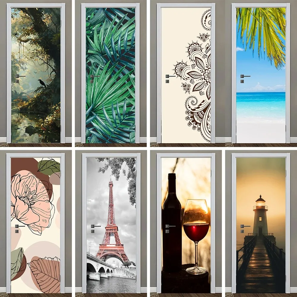 

Abstract Flower Red Wine Leaf Door Mural Sticker Removable PVC Peel and Stick Wallpaper Door Cover Decals