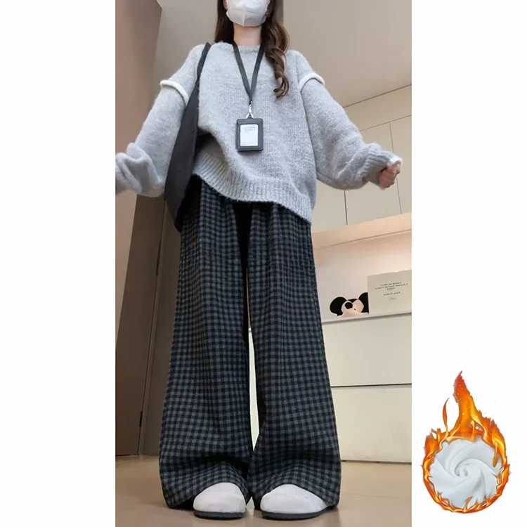 กางเกงขายาวลายสก็อตผ้าวูลสไตล์เกาหลีย้อนยุคสำหรับผู้หญิง ฤดูใบไม้ร่วง ฤดูหนาว ผ้าหนา อุ่น ทรงขากว้าง เอวสูง ยางยืด สวมใส่สบาย