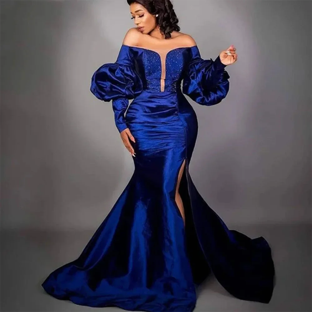 

Blue sexy one-line shoulder puffy long sleeve side slit hip glitter satin fishtail dress Party night dance formal evening dress