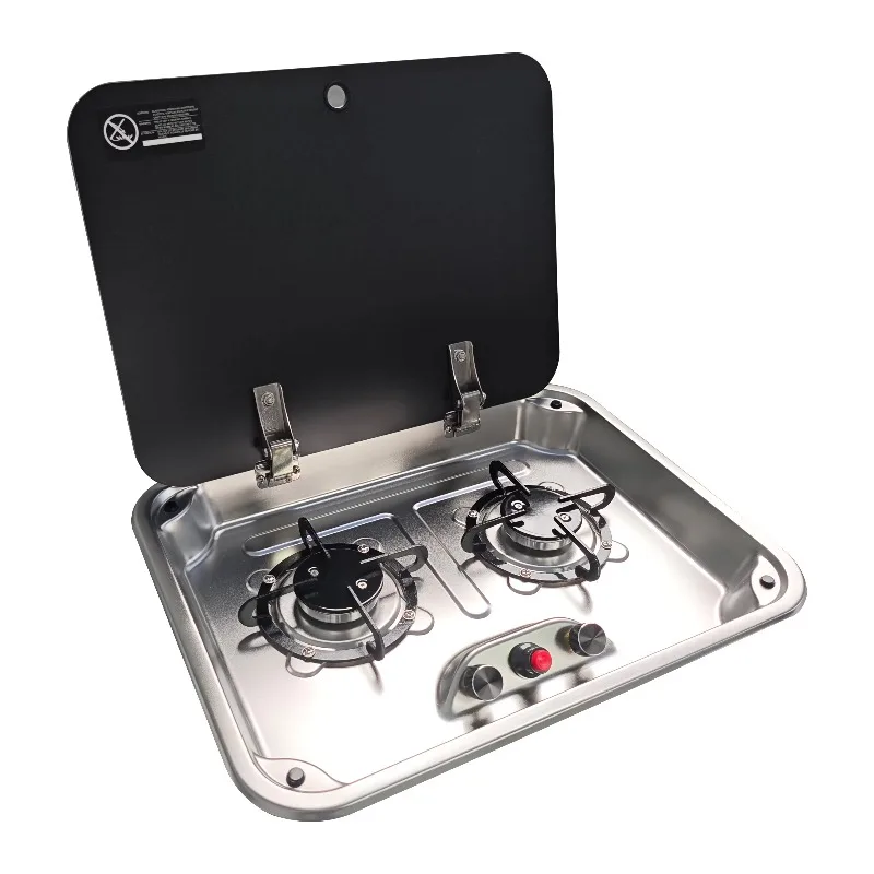 Stainless Steel RV Cooktop Gas Stove Built-in 2 Burner with Glass Cover Gas Burner for Household RV Picnic Marine