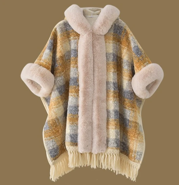 Autumn Winter Women's Blue White Patchwork Woolen Tassel Cape Coat Fleece Lined Thickened Warm Pink Yellow Plaid Hooded Shawl
