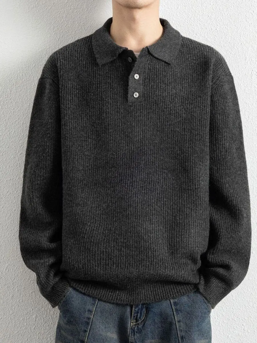 

Мужской повседневный вязаный свитер с отложным воротником, легкий люкс, тонкая полосатая вязка, универсальный базовый свитер