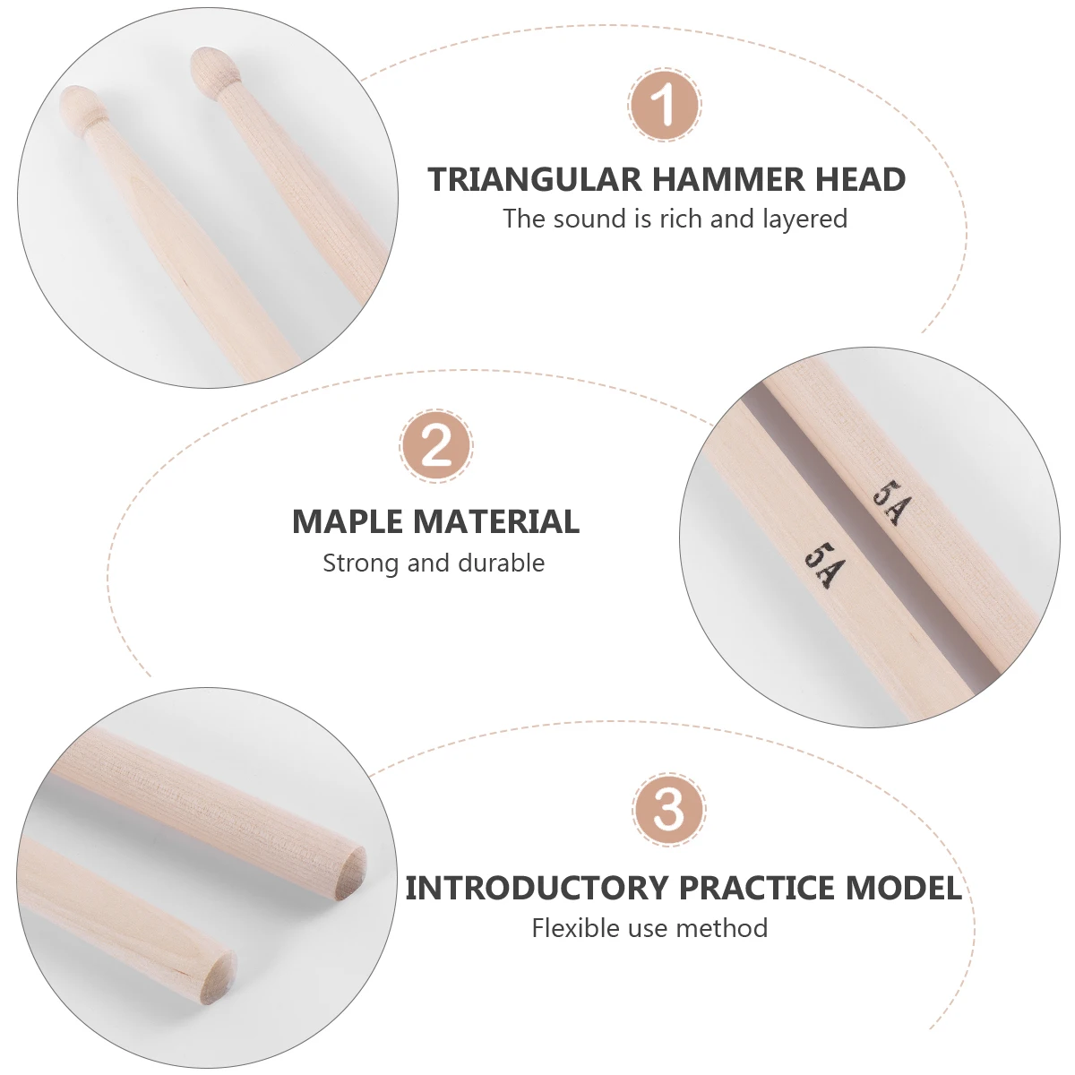 

5 Pairs Maple Drumsticks Professional Durable Non-Slip Drum Sticks Environmentally Friendly For Band Concert Practice 5A Style