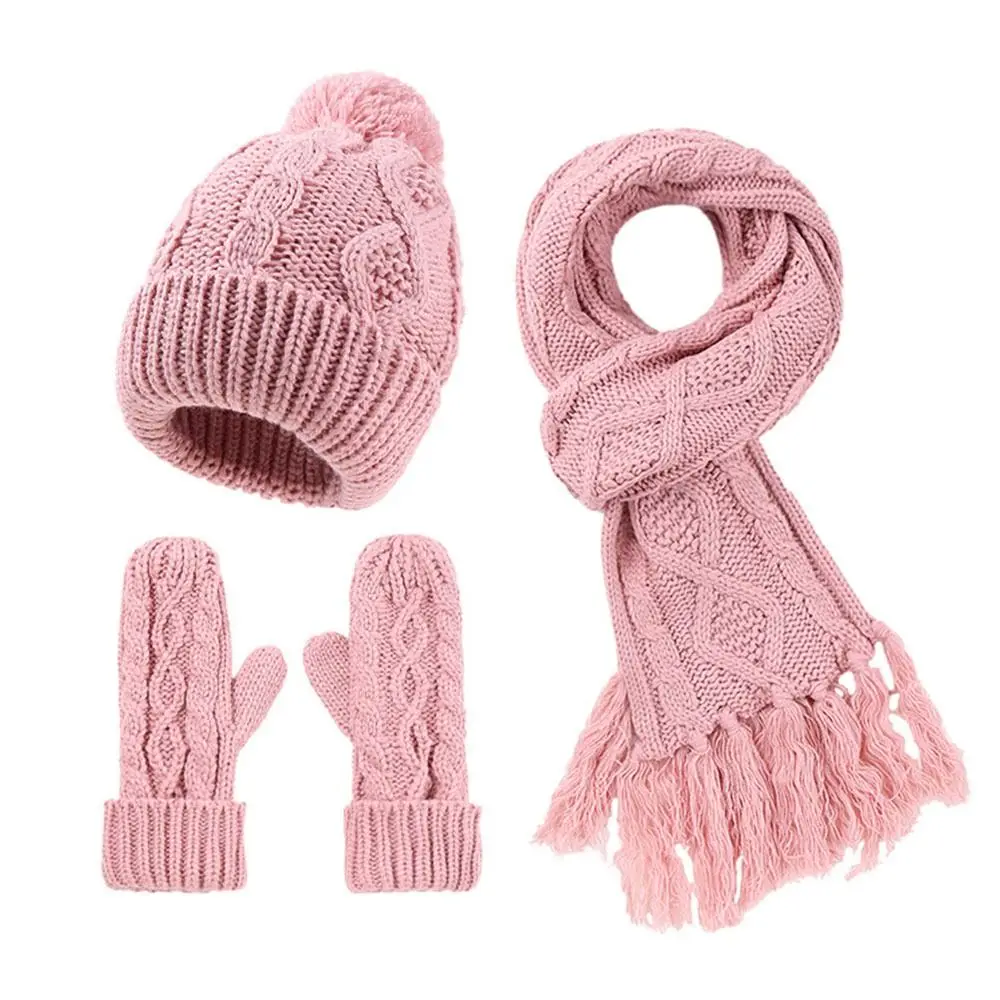 Fashion Winter Beanie Hat Scarf Gloves Set Warm 3 in 1 Set Long Scarf Neck Warmer Knit Fleece Lined Gloves for Women