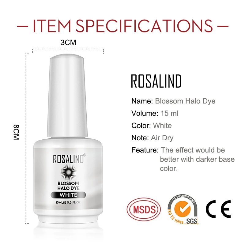 Rosalind 15Ml Wit Blossom Halo Verven Air Droge Inkt Stijl Blooming Voor Nail Art Decoratie Blijvende Base Top Coat hybrid Vernis