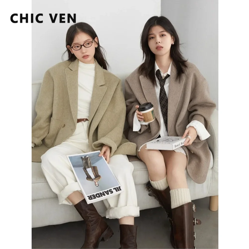 CHIC VEN Women Woolen Coats Fashion Solid Loose Double-sided Oversized Jackets Female Outerwear Ladies Autumn Winter New 2025