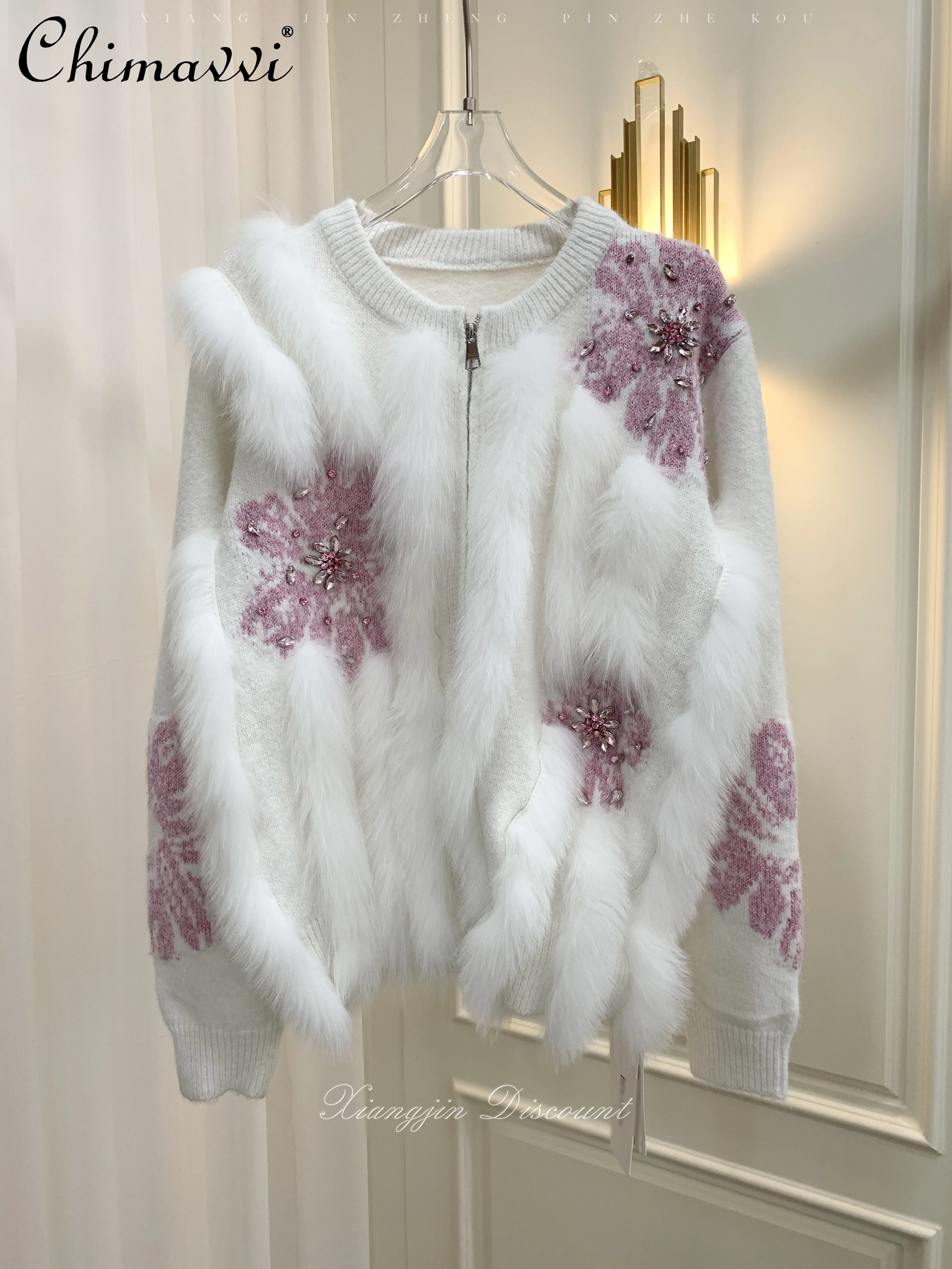 

Korean Style Elegant Fashion Socialite Embroidery Diamond Fox Fur Patchwork Zipper Versatile Knitted Cardigan Jacket for Women