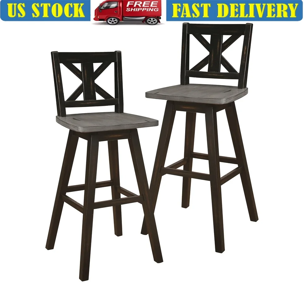 Rustic Swivel Barstool Set of 2 Solid Rubberwood Dining Stool 24 Inch Height Footrest Comfortable Pub Seating