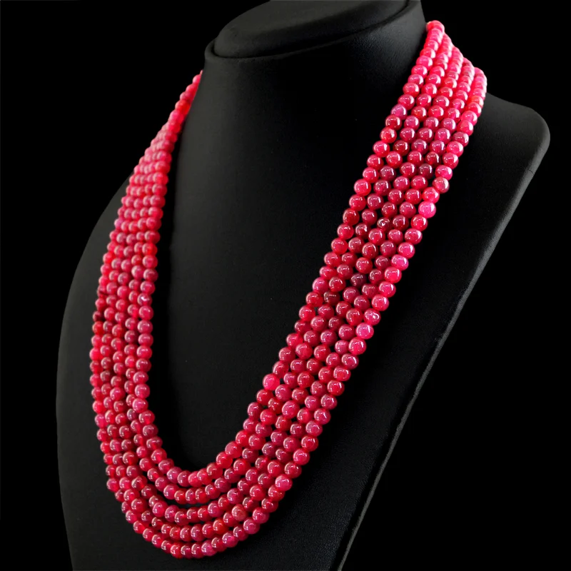 651.50 CTS ENHANCED 5 STRAND GENUINE RED RUBY ROUND SHAPE BEADS NECKLACE